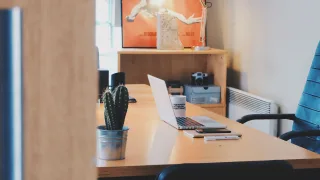 Biurko z laptopem i kaktusem