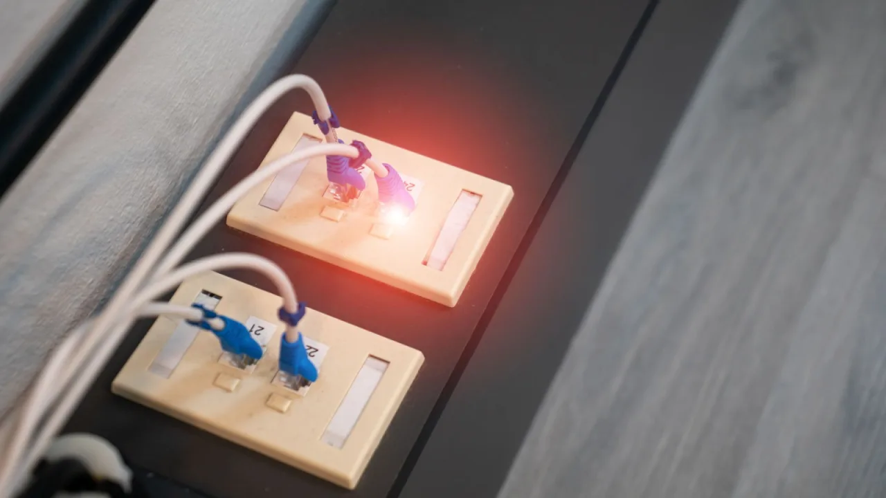 Gniazda sieciowe z podłączonymi kablami i diodą